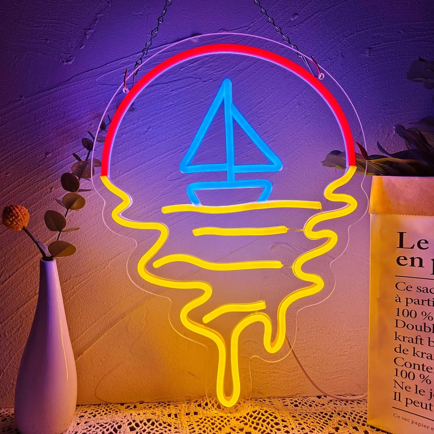 

Dimmable Sailboat Neon Sign – Wall Decor for Bedroom, Man Cave, Party, Holiday – Soft Glow Sunrise Sunset Neon Light, Gift ﻿