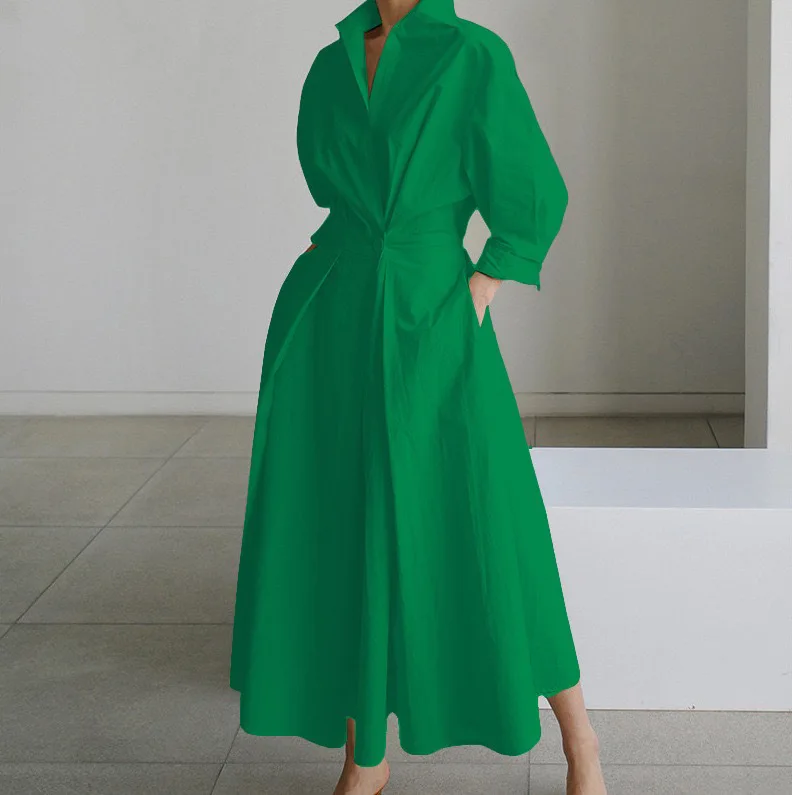 Camicia a maniche lunghe con colletto POLO con elastico in vita Abiti lunghi Abiti stampati Abiti femminili Abito formale da donna elegante