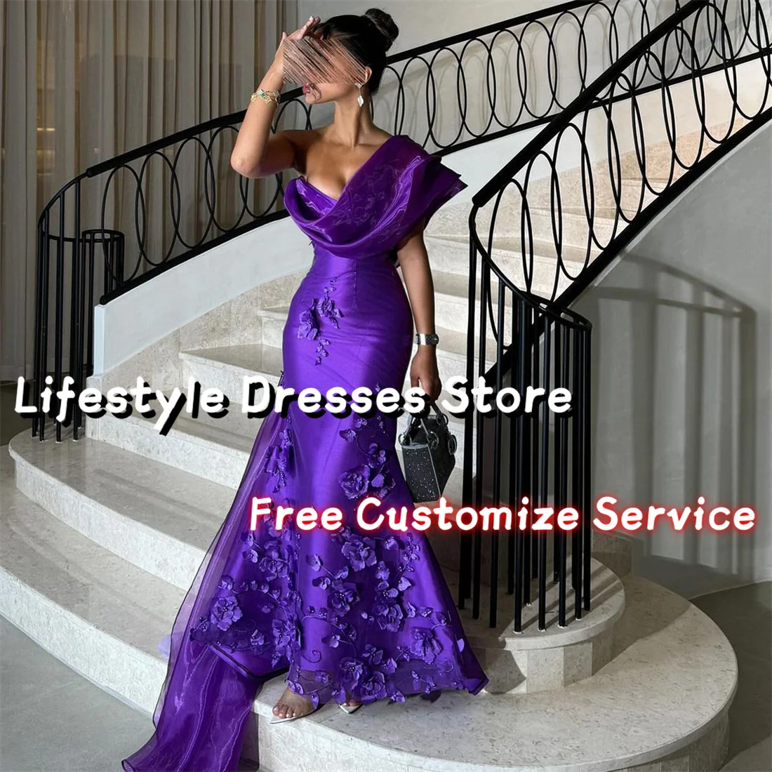 Customized Flowers Beaded Purple Evening Dress Mermaid Sleeveless Party Dress For Formal Occasion One Shoulder Saudi Prom Dress