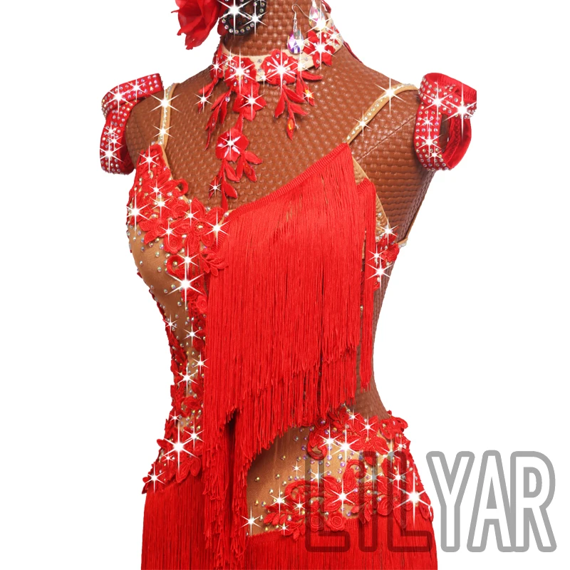 New Latin Dance Skirt Performance Competition Dress Adult Daughter Red Embroidered Tassel Rumba Shining Diamond Dance Dress