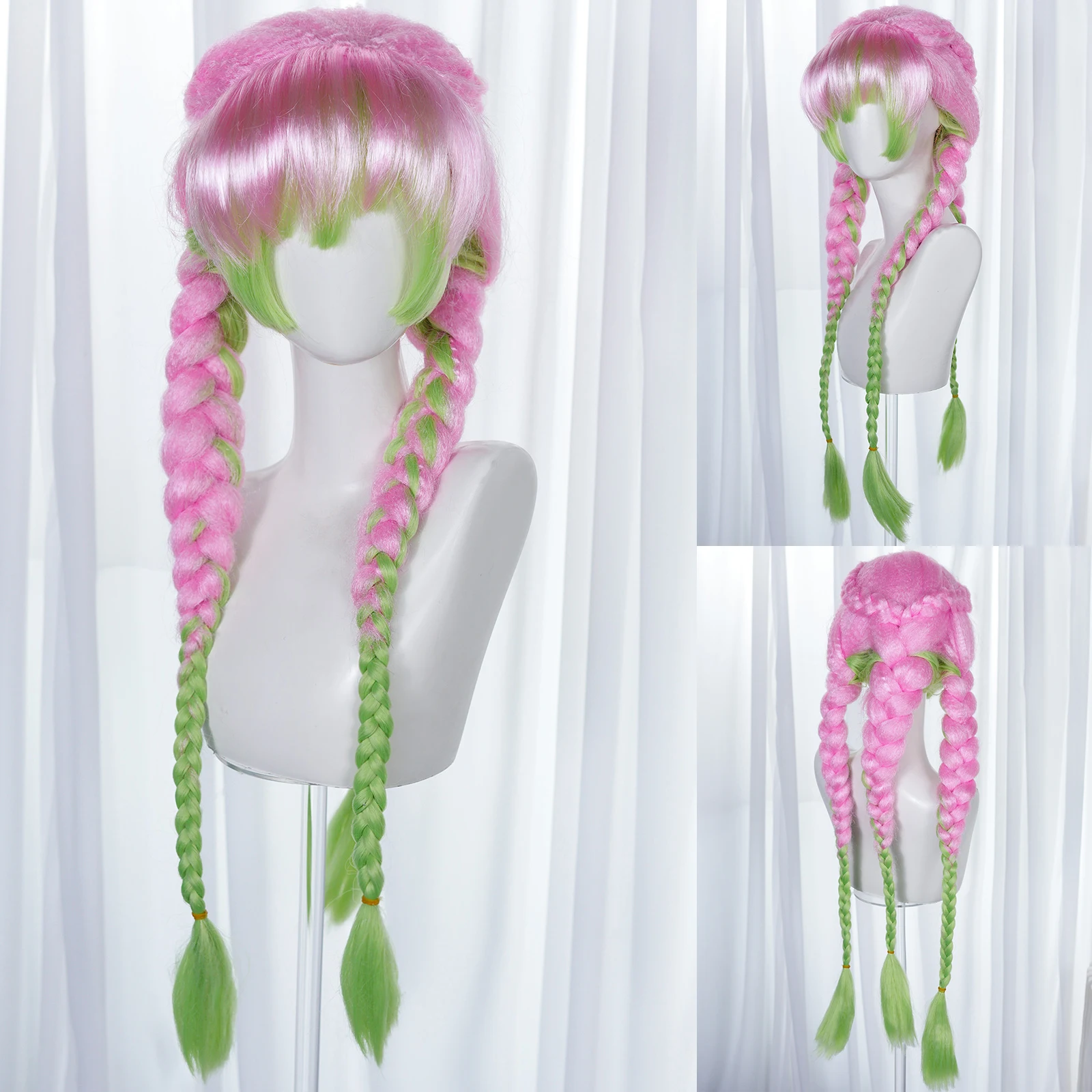Synthetic fiber hair, bangs, costume wigs, pink and green woven anime wigs, suitable for women's carnival anime parties - view 3