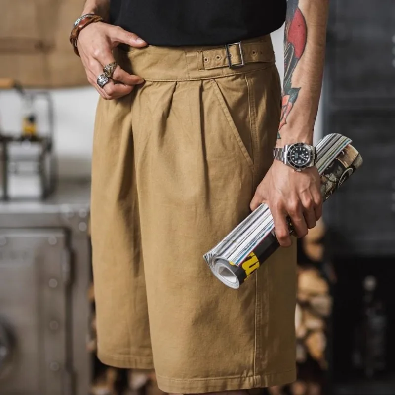 Workwear Retro High Waisted British Style Shorts Straight Naples Casual Short Trousers Men Summer Amikaji Adjustable Belt Shorts