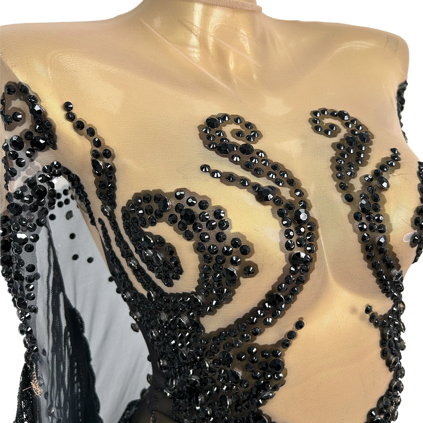 

Wuyu Sexy Perspective Mesh Dress Black Rhinestone Tassel Irregular Dress Bar Stage Performance Dress Birthday Cocktail Gowns
