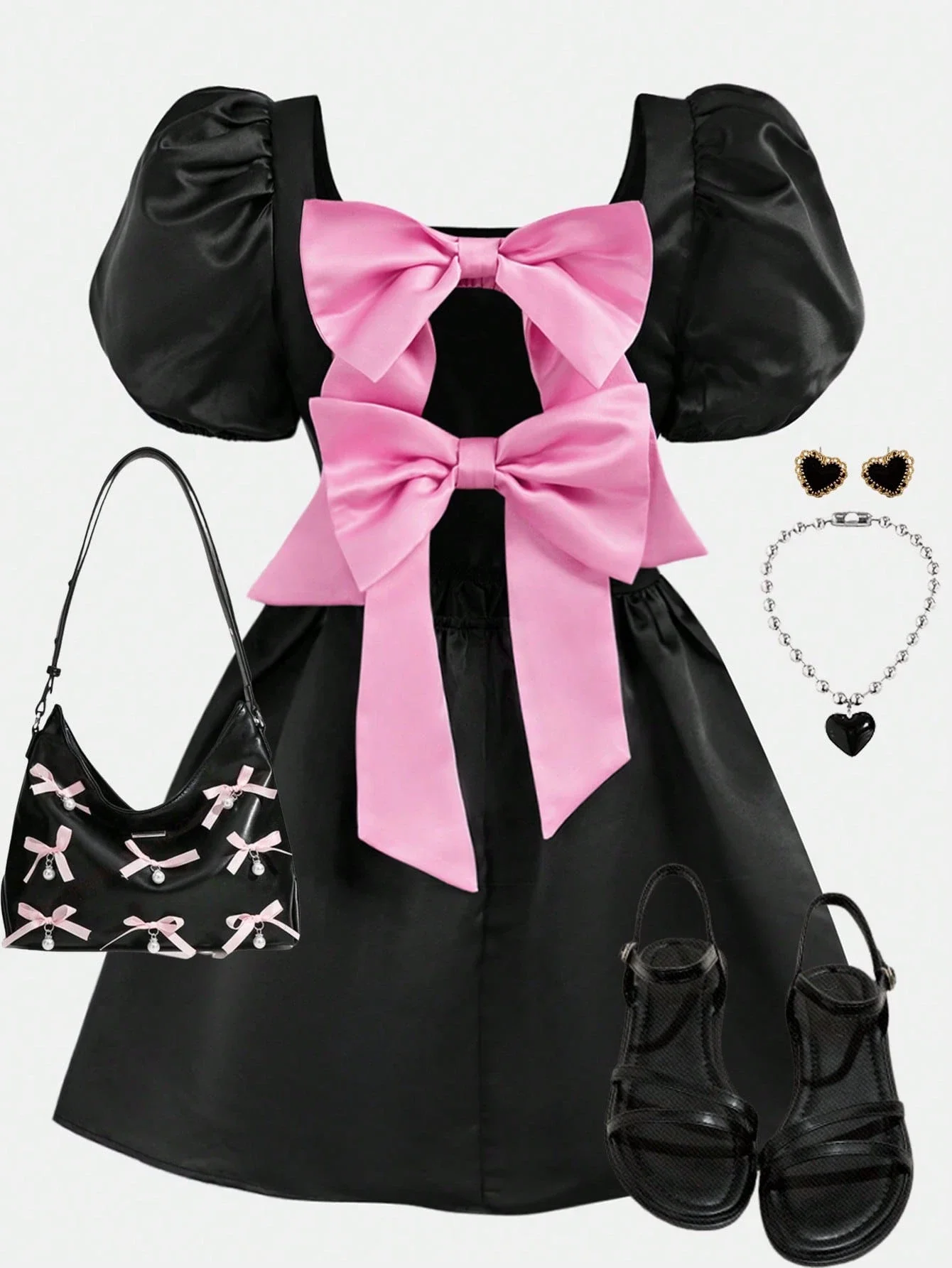 

Черное мини-платье с пышными рукавами и большим розовым бантом на спине