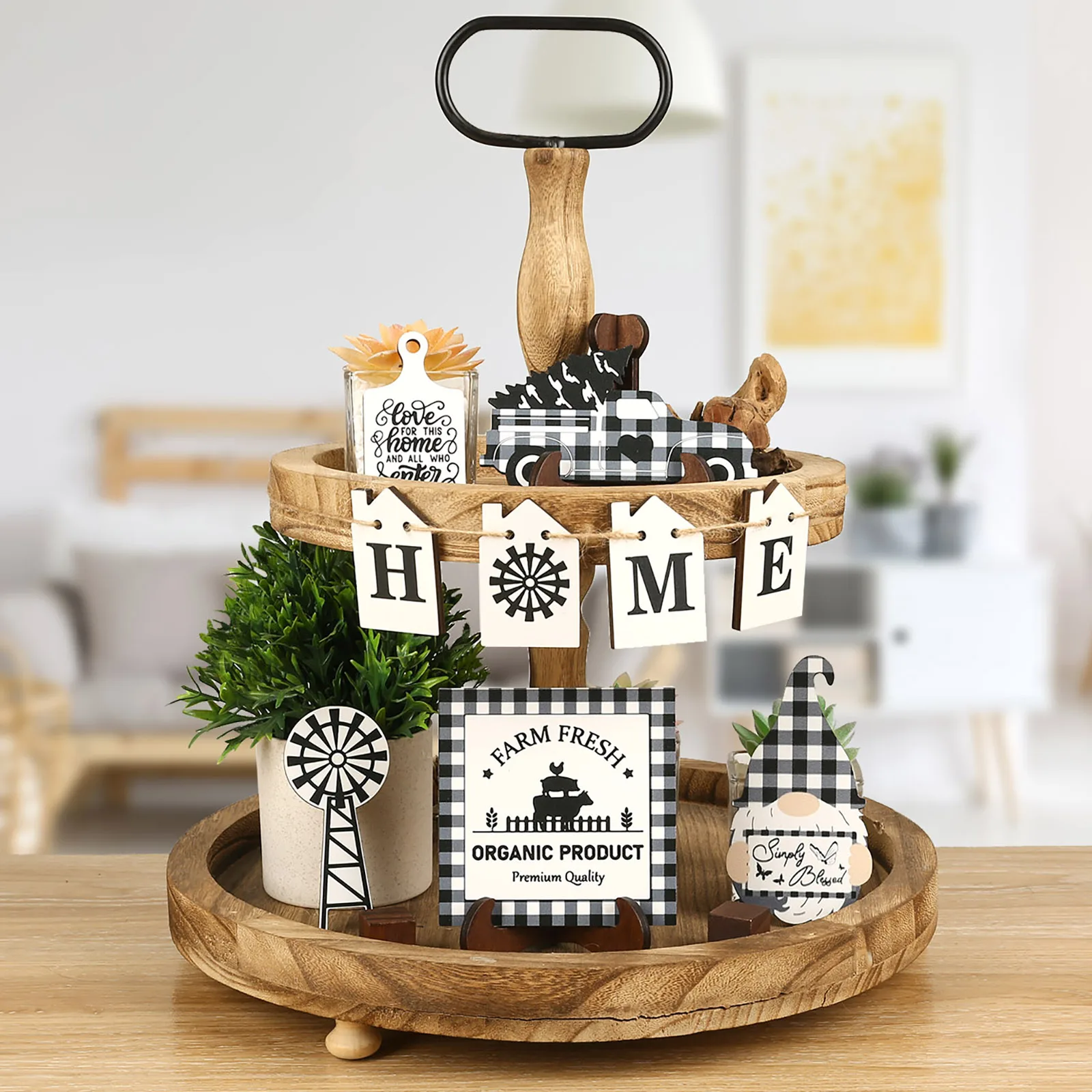 Rustic Farmhouse Tiered Tray Ornaments Set Plaid Gnome Wooden Crafts Ornaments Perfect for Home Desktop Arrangements 1 Set