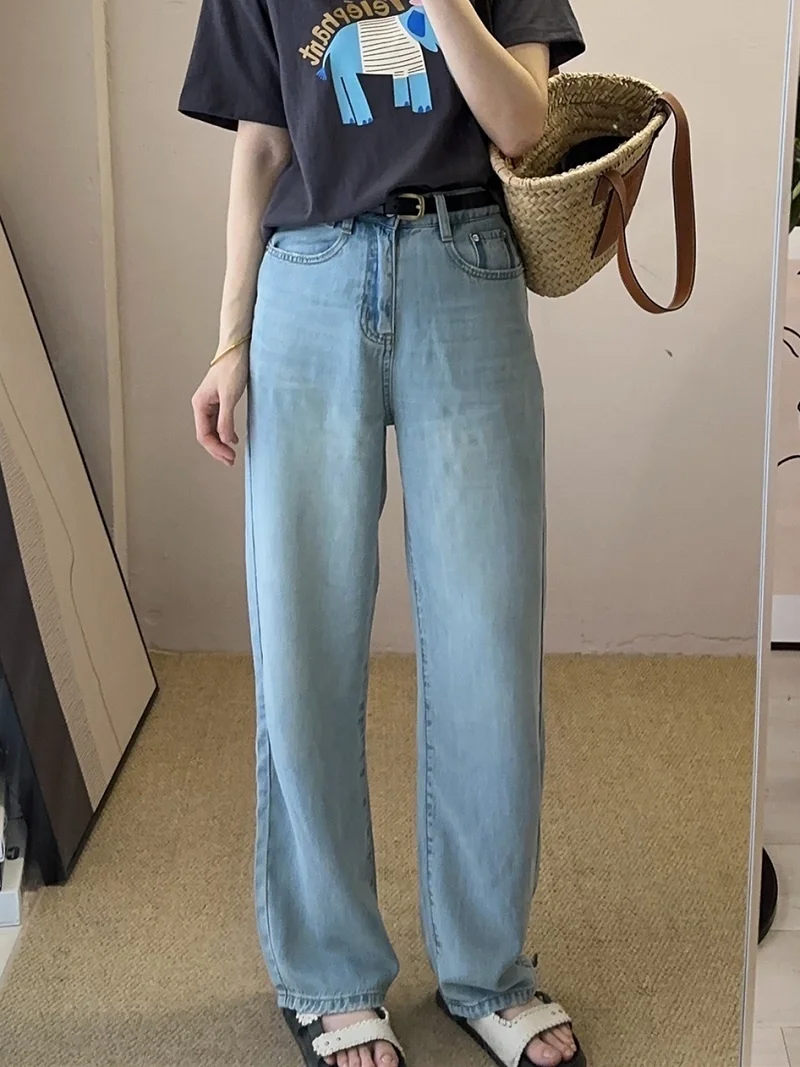 

Slim Straight Leg Jeans Light Blue Soft High Waist Wide Leg Thin Denim Women Summer New High Waist Long Pants Cool Fee...