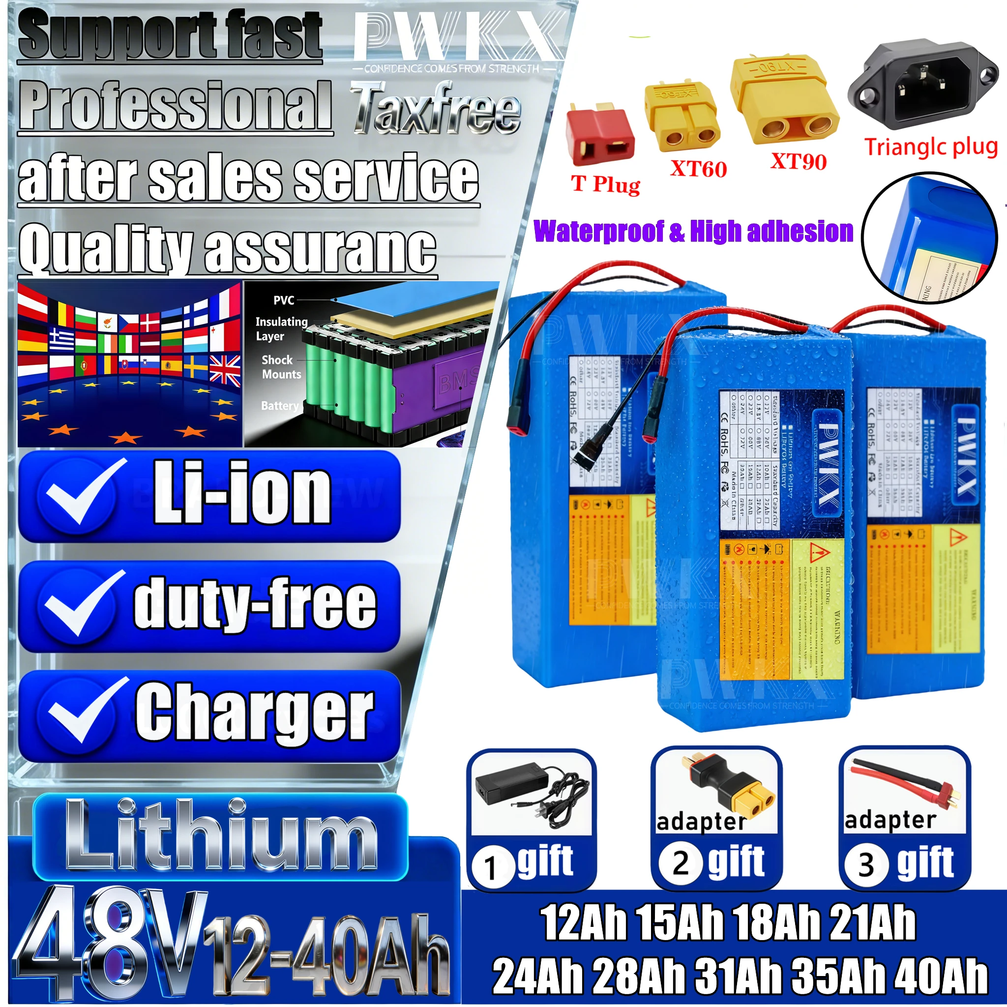 

New 48V 40Ah 35Ah 31Ah 28Ah 24Ah 21Ah 18Ah 15Ah Lithium battery pack 2000W High Power For Electric motorcycle scooter With BMS