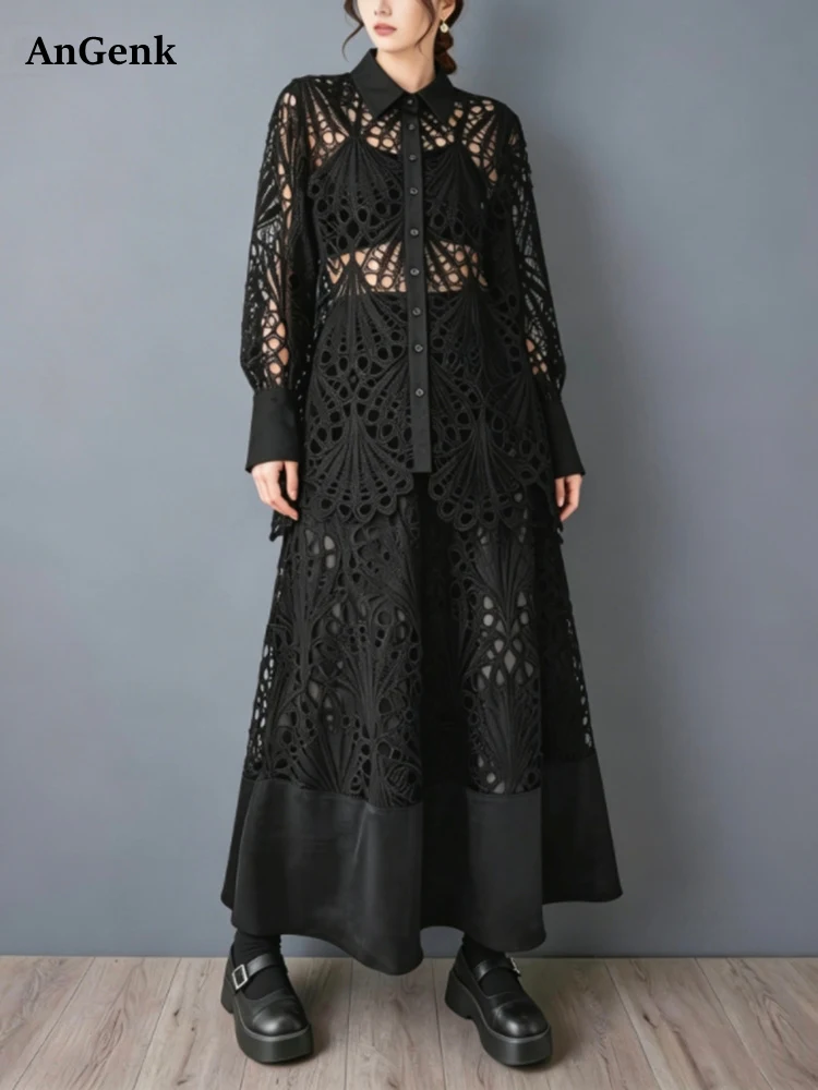 

2026 Summer New Lace Hollow Out Fashion Casual 2 Two Piece Set Long Sleeve Blouse Loose Women Shirt Tops Clothing Skirt Suit