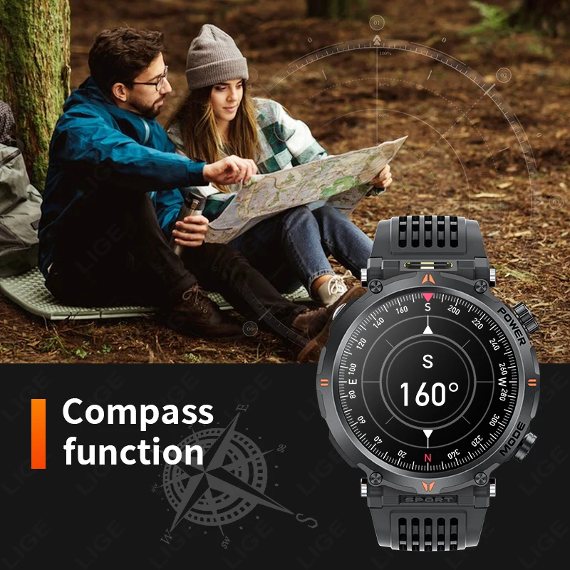 LIGE nuevo reloj inteligente 2024 UV linterna brújula impermeable reloj deportivo llamada inalámbrica 600mAh batería grande al aire libre Smartwatch hombres