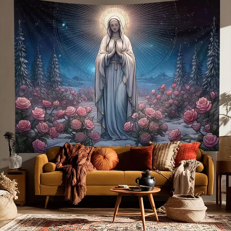 Our Lady Of Mary Rose Garden Prayer Tapestry, Bedroom Festive Decoration Tapestry, Bedroom Office Living Room Home Wall Decor