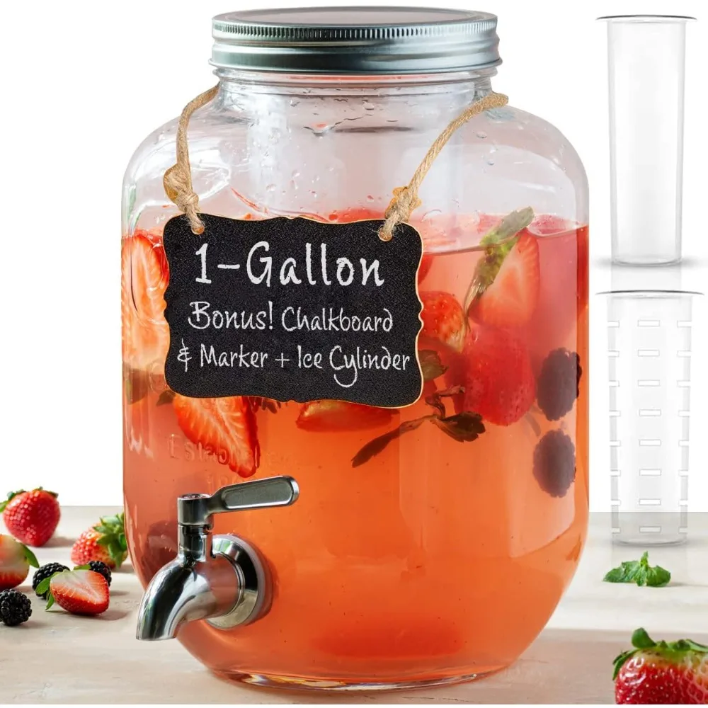 

1 gallon glass water dispenser with stainless steel spigot + marker & chalkboard, & ice cylinder - 100% leakproof beverage dispe