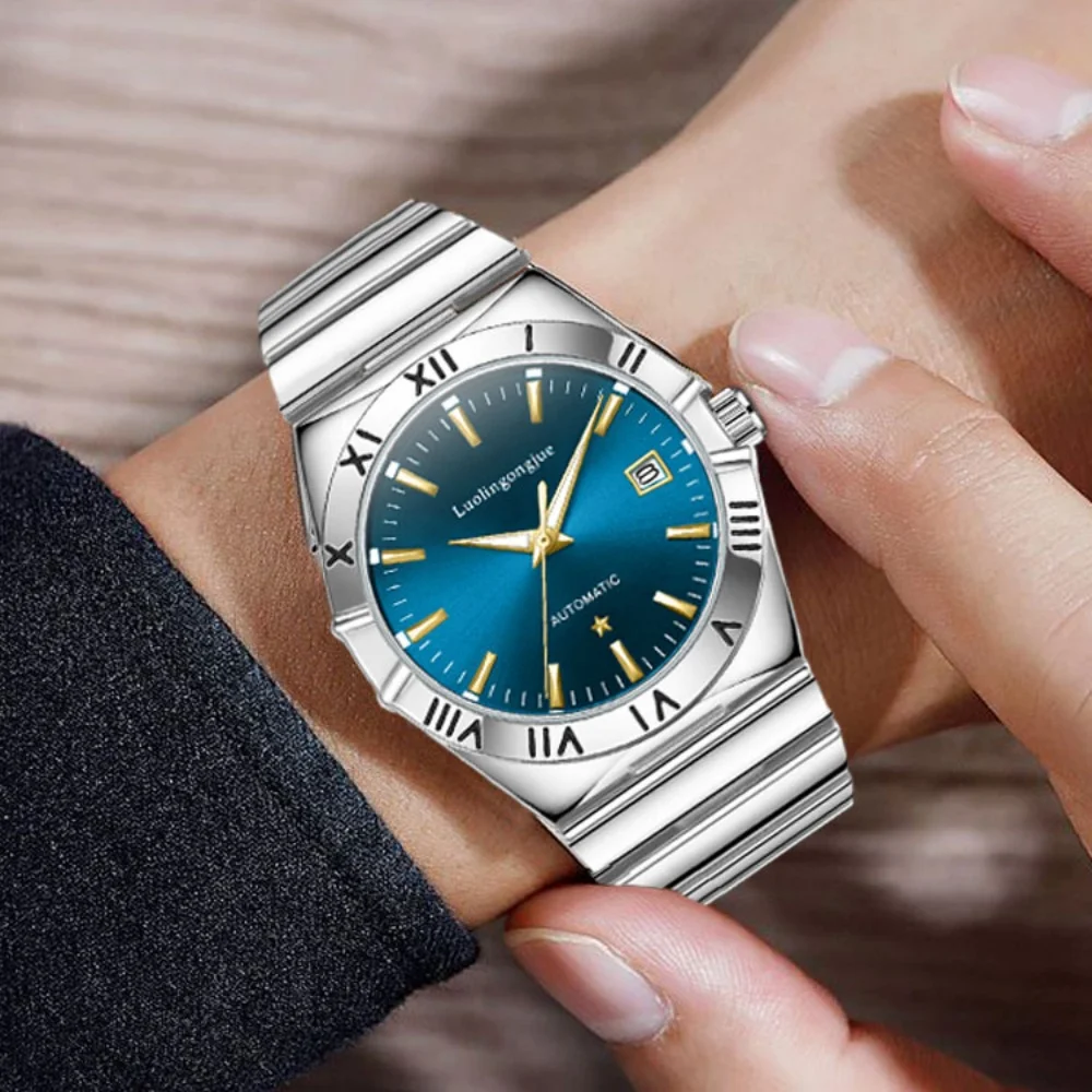 Genuine Brand Business Casual Men's Watch, Fully Automatic Mechanical Watch, Hollow Butterfly Clasp Strap, Luminous, Waterproof, with Calendar, Fashionable Accessory, the Best Gift for Him