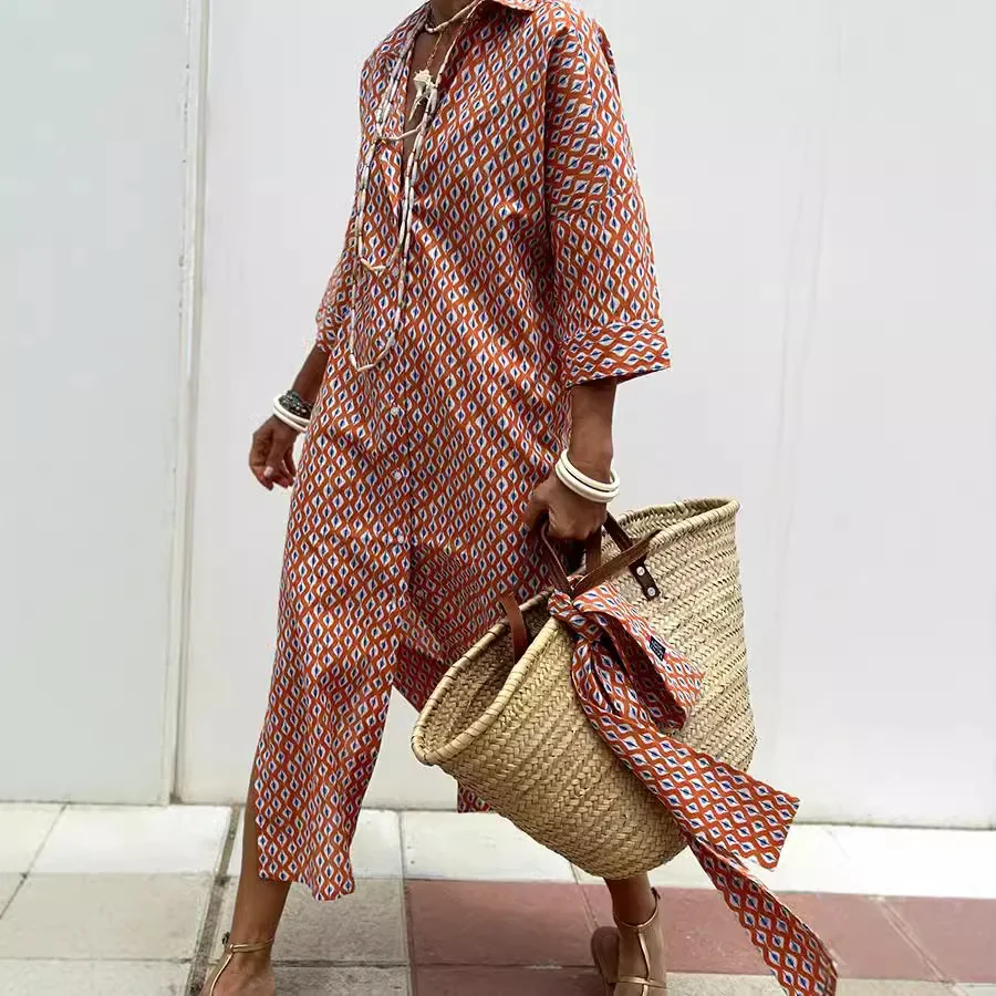 2025 Summer New Vestidos Simple Striped Women Five Sleeve Dress Fashion Collar Female Shirt Dresses