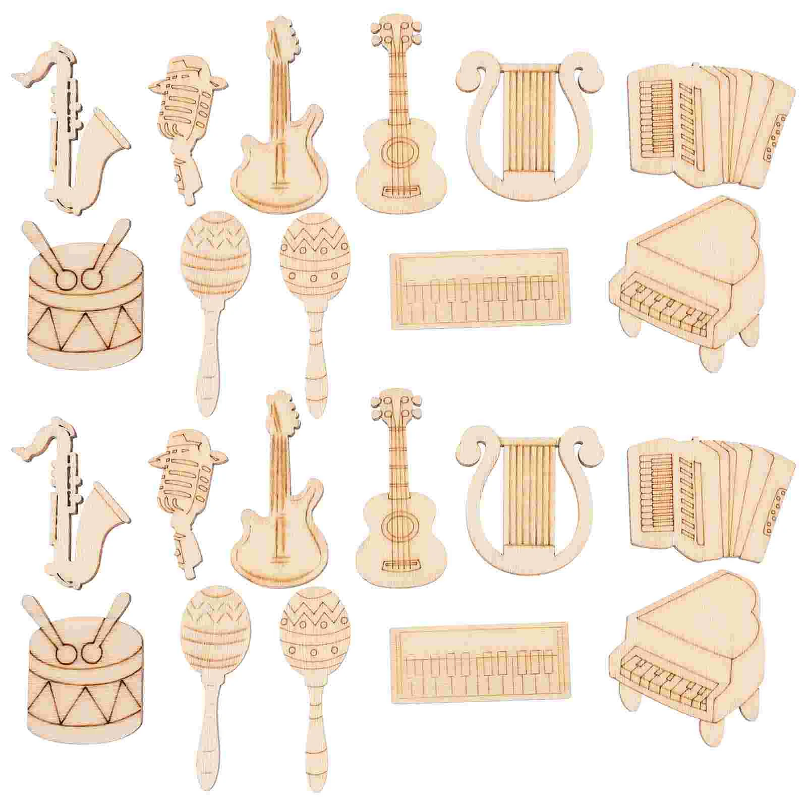 Musical Cutout Wooden Cartoon Notes Piano Guitar Bass Saxophone Instrument Series DIY Handmade Decorative Chips 100pcs Slice