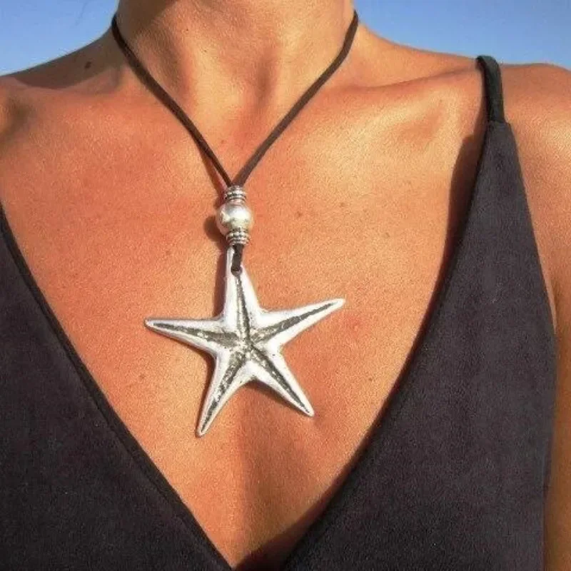 Beach Vacation Exaggerated Starfish Silver Color Metal Pendant Necklaces for Women Trendy Retro Leather Cord Creative Jewelry