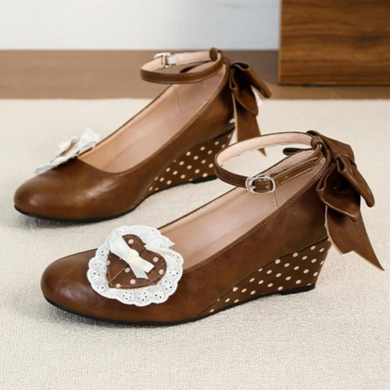 Sweet Bow Polka-Dot Wedge Mary Jane Shoes Women Cute Lace Heart-decorate Lolita Shoes Adjustable Ankle-Strap Buckle Dress Shoes