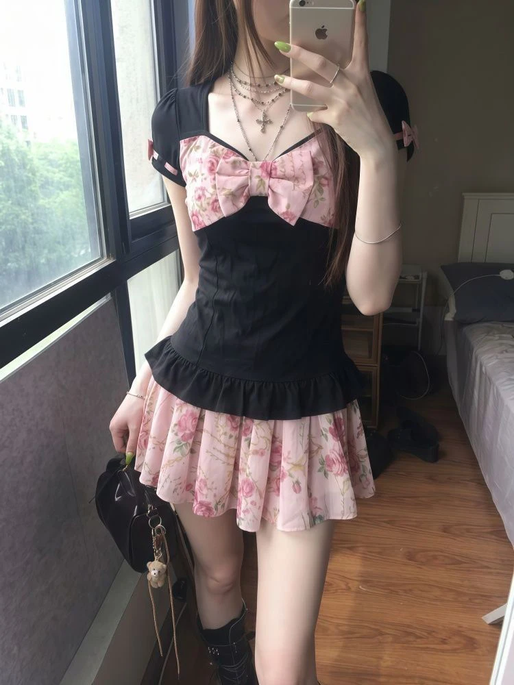 Vintage  Knot Waist Cinching Short Sleeve Women's Top And Floral Skirt Set Summer 2026 New Style Retro Fashion Set
