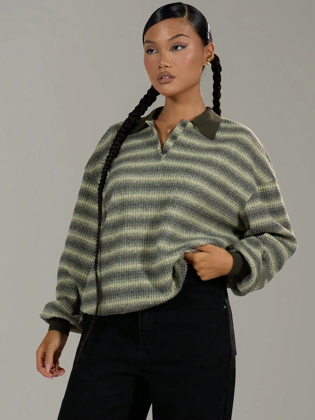 

Oversized Striped Knit Polo Sweater for Women, Long Sleeve Casual Fall Winter Top