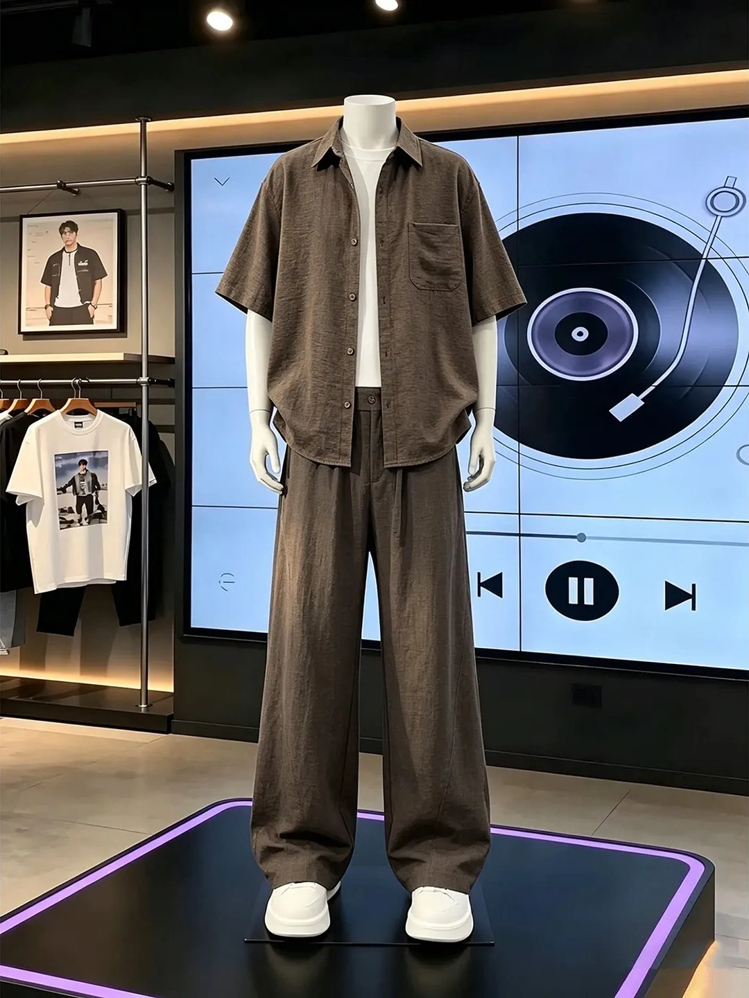 Casual Linen Men's Summer Thin Loose Feeling Short Sleeve Shirt Long Pants Two-Piece Set Lightweight Breathable Comfortable