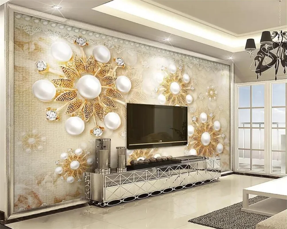 

Custom wallpaper 3d mural luxury gold European pearl lace stereo TV background wall papers home decor papel de parede walllpaper