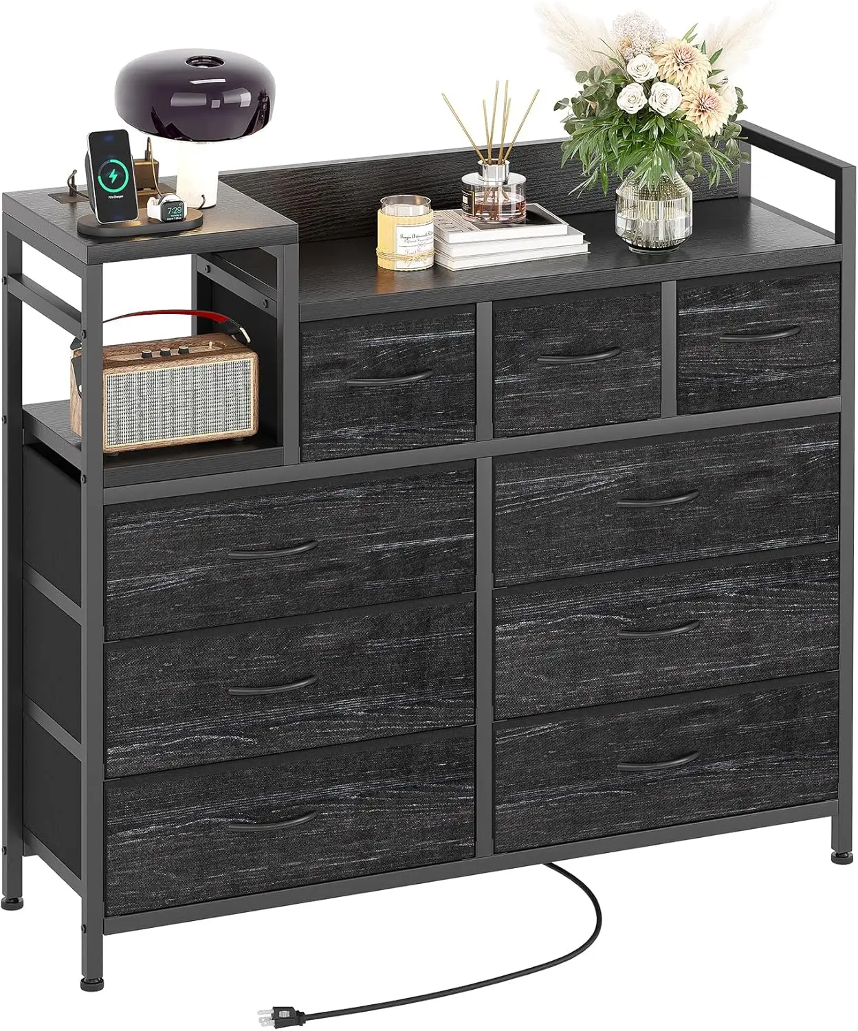

Tv Stand With Charging Station, Bedroom Dresser For Living Room Tv Stand With 9 Drawers,（Black Willow）