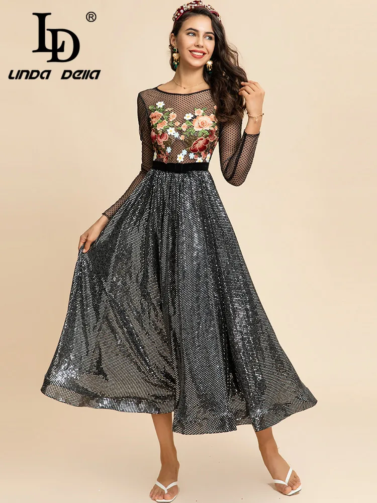 LD LINDA DELLA Stylish Women's Glitter Sequin Long Dress New 2023 Spring Summer Lady Long sleeve Flower Embroidery Party Dress