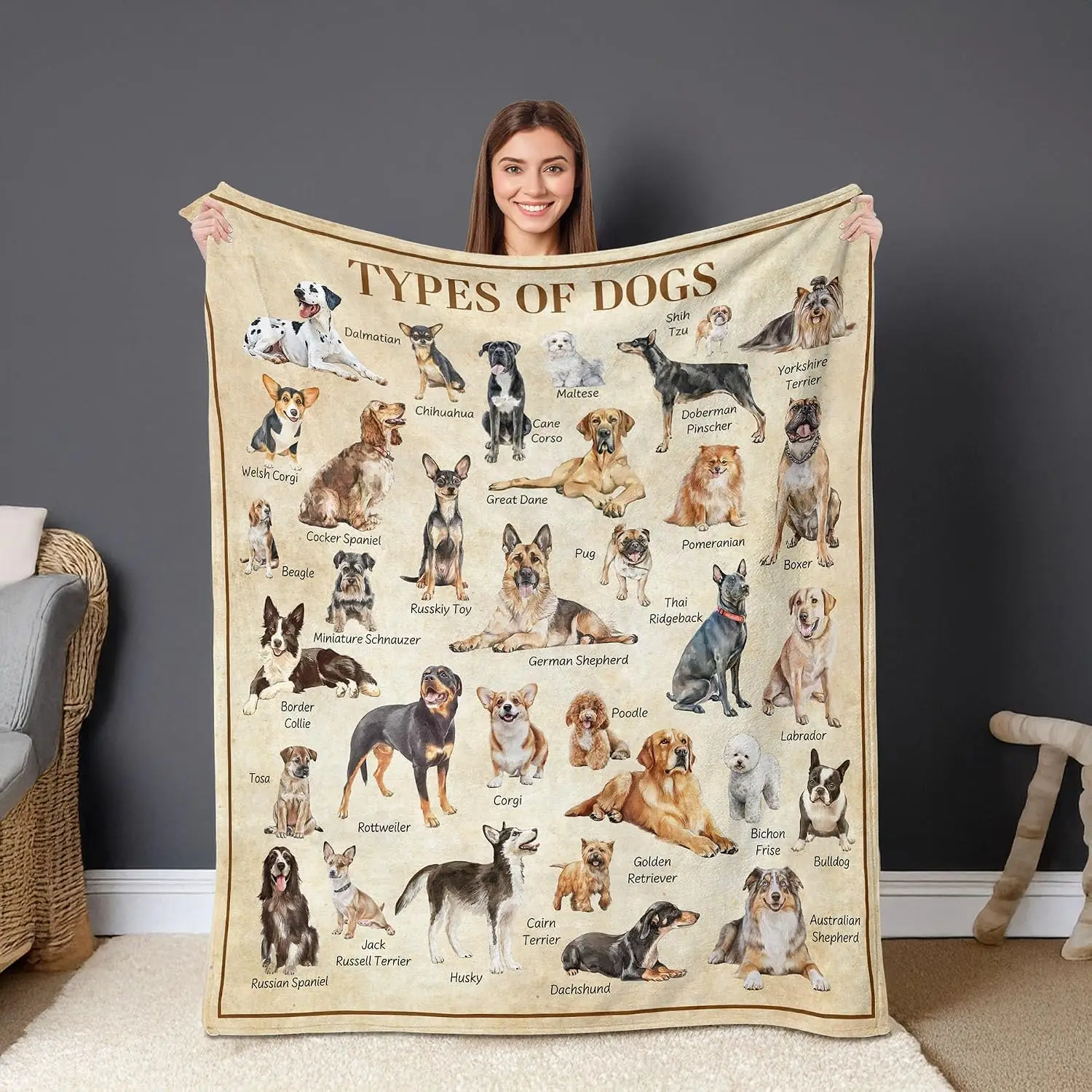 Dog Breeds Chart Throw Blanket Educational Guide Types Of Dogs Unique Gift Home Bedroom Living Decor