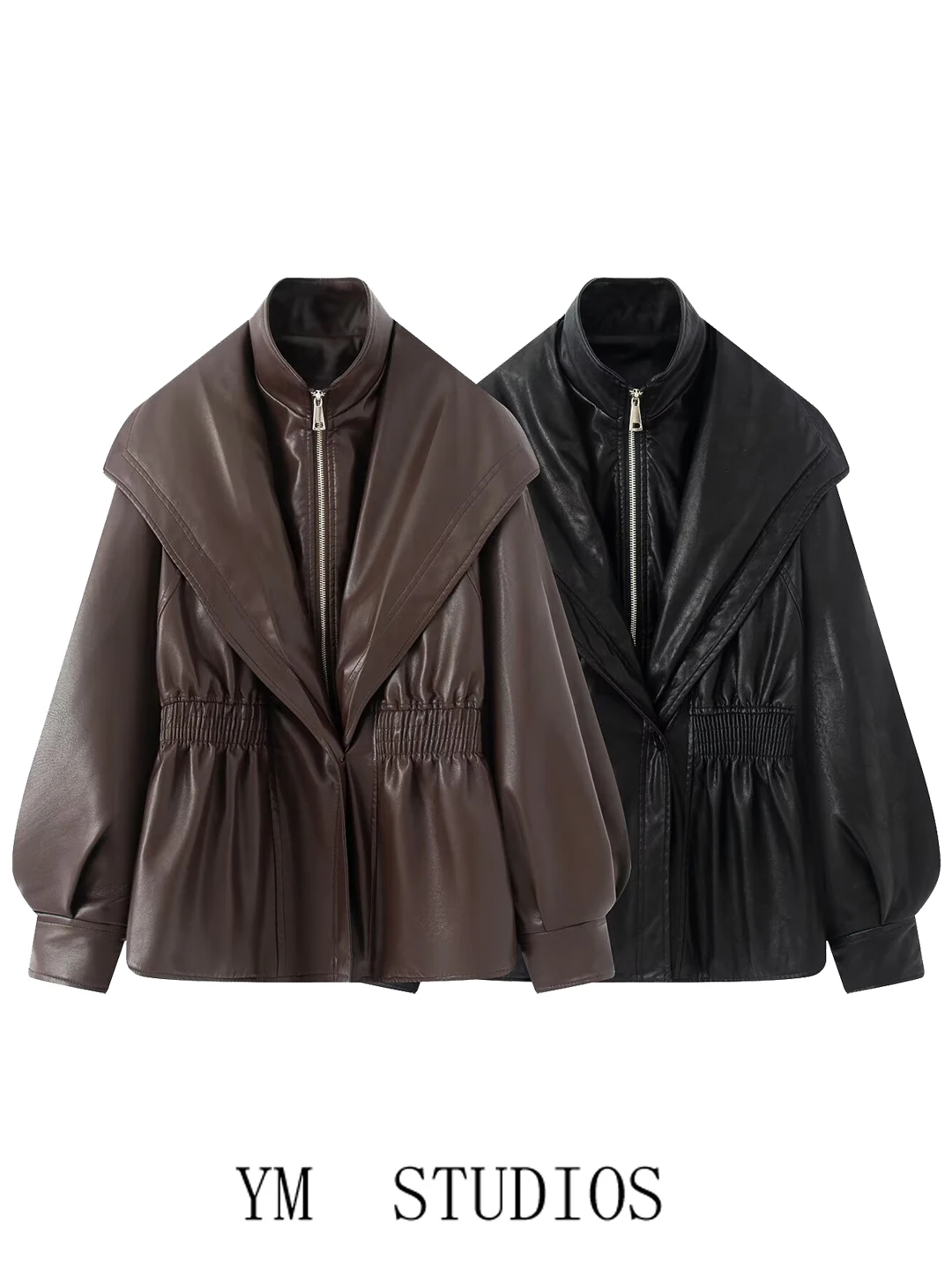 Faion feminino couro pu motociclista jaet falso agasalho de duas peças elástico gola com zíper solto ajuste longo casaco sve