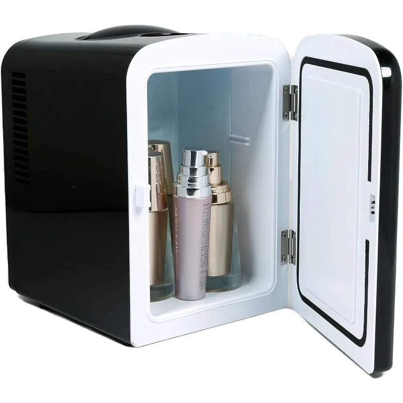 

OUIO Mini Portable Compact Personal Fridge Cooler, Cools 6 12oz Cans, Includes Household Outlet Plug and 12V Car Charger.