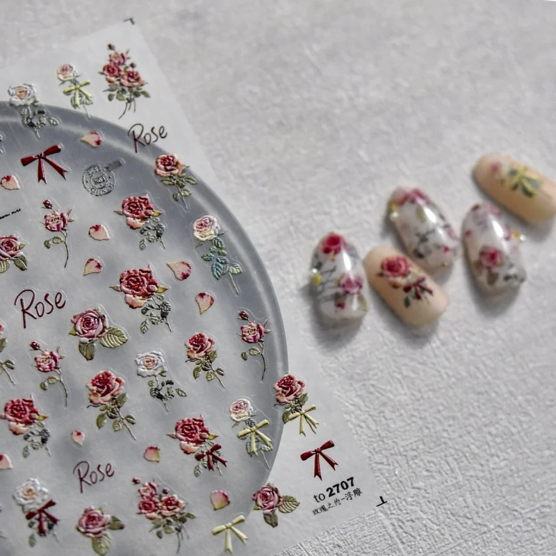 Embossed nail Stickers Hot Sale Japanese-Style Retro Sticker Paper Rose Tulip Ornament