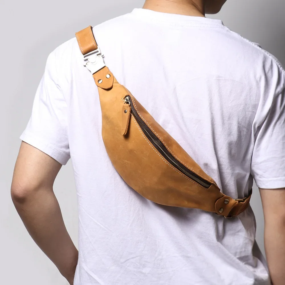 Retro Men's Leather Fanny Pack Crazy Horse Leather Waist Bag Shoulder Crossbody Bag Cowhide Chest Bag Outdoor Sports Backpack