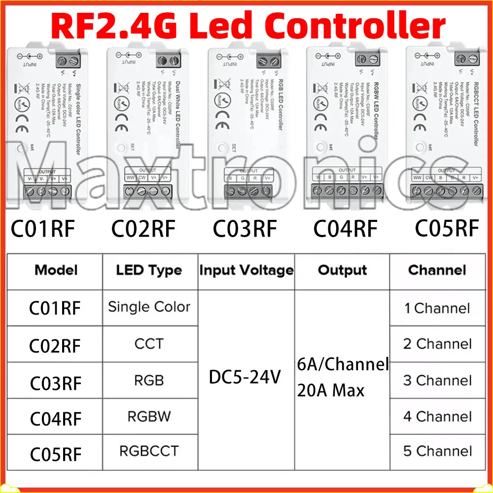 C01RF/C02RF/C03RF/C04RF/C05RF DC5-24V RF2.4G Led Controller Wireless Remote Control for DIM CCT RGB RGBW RGB+CCT LED Light Tape