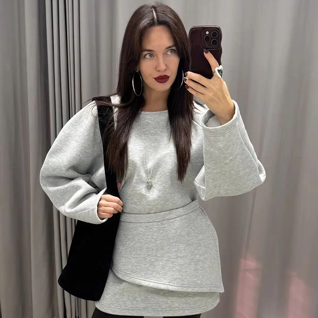 Laur Women Layered Wrap Sweatshirt Round Neck Long Sleeve Oversized Top Waist Belt Slim Casual Streetwear Pullover