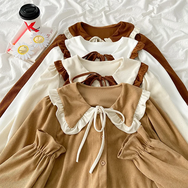 Preppy style women cute Lolita blouse autumn sweet peter pan collar Loose shirt female elegant white apricot Long sleeve blusas