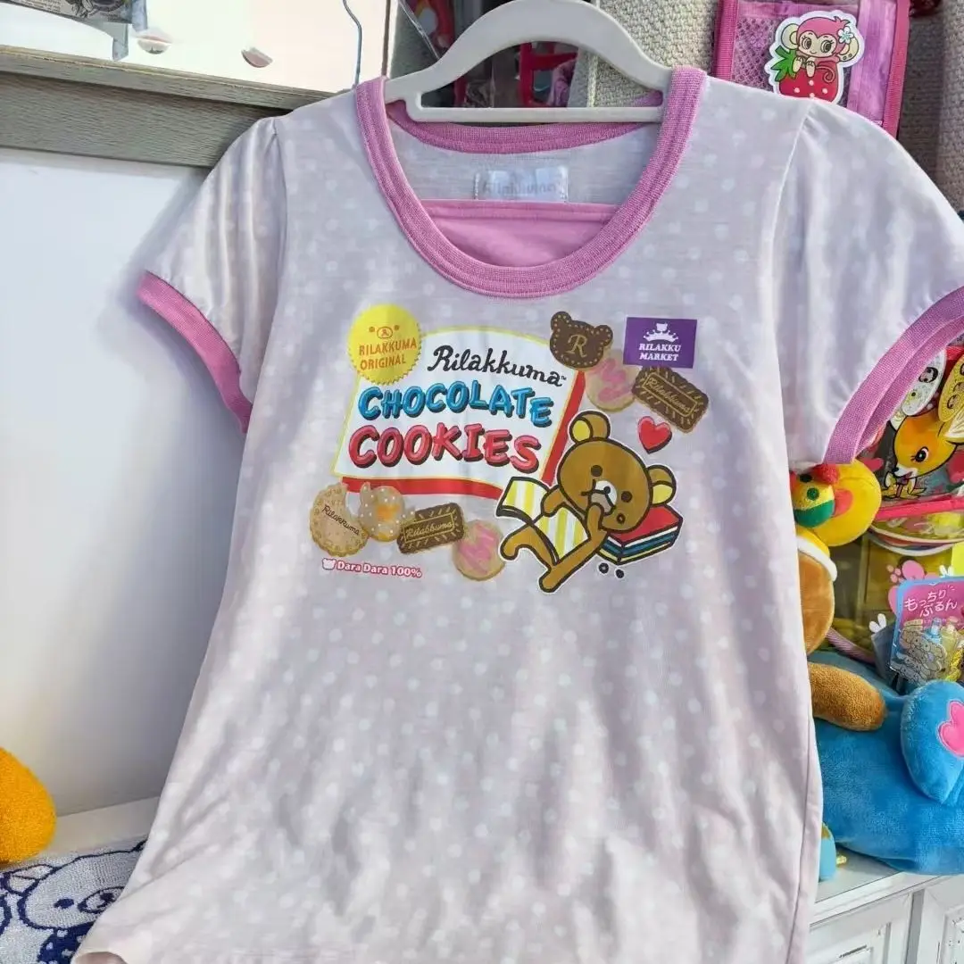 Slim Sweet Japanese Retro Y2K Sweet Pink Polka Dot Rilakkuma Fake Two-Piece T-Shirt Kawaii Edgy Casual Top Young Women Harajuku