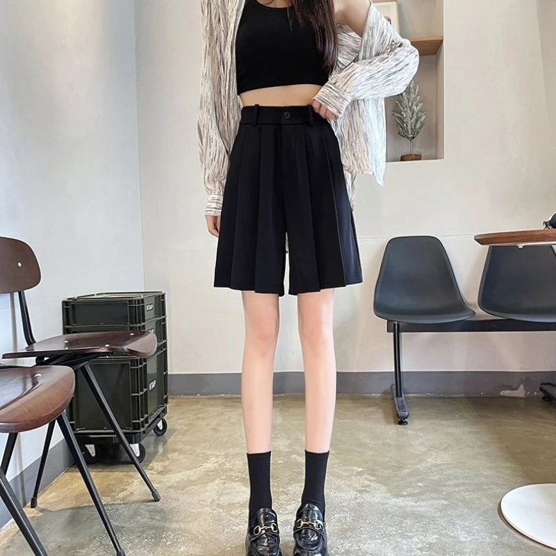 Women High Waist Bootcut Pleated Shorts 2026 Summer Mid Length Shorts with Split Hem A Line Stretchy Black