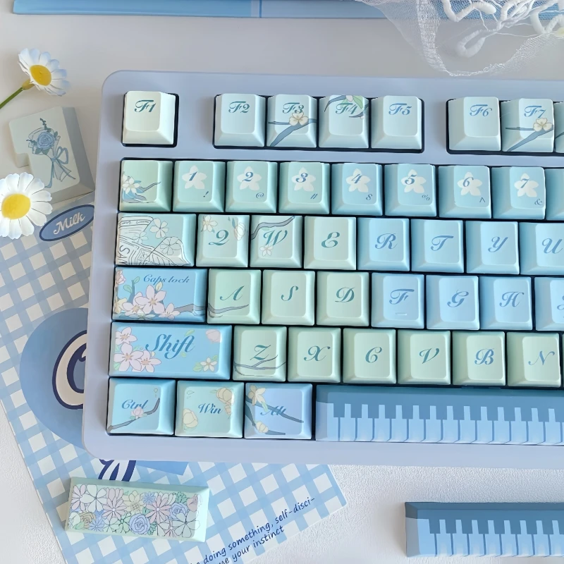 

Garden Movement Keycap Sublimation 140 Key Cherry Pbt Keycap Blue Romantic Flower Piano 7U/Split Space Iso Layout Keycap