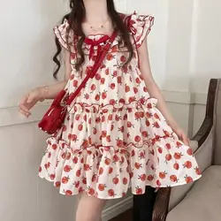 Stylish Folds Slash Neck Dresses Bow Sweet Printed Female Clothing Sleeveless 2024 Summer Loose A-Line Casual Spliced Midi Dress