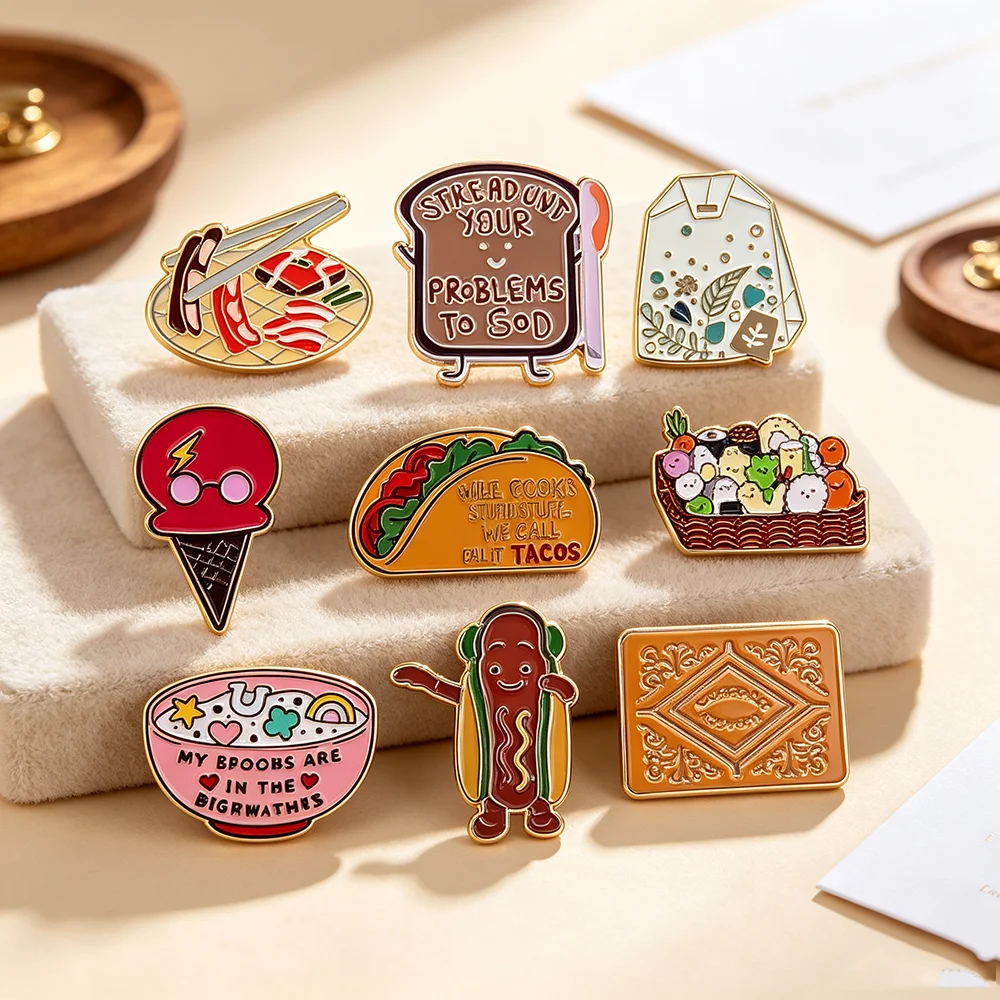 Funny Cartoon Food Snack Enamel Pins Set Hot Dog Taco Ice Cream Lapel Brooch Badge Backpack Decor Collectible Gifts