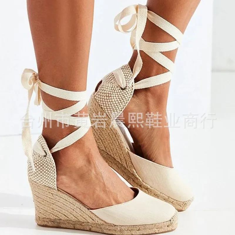 

Europe New Fashion Women Sandals Comfortable Ladies Slippers Woman Casual Shoes Breathable Flax Hemp High Heel Ladies Sandals