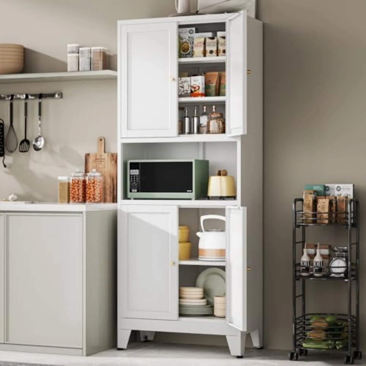 69" Tall Metal Kitchen Pantry Cabinet with Microwave Shelf, 4 Doors & 3 Adjustable Shelves, Heavy Duty Food Storage image 2