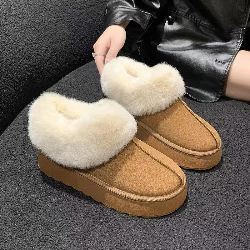 Furry Plus Plush Botas De Nieve Thick Flat Sole Round Closed-Toe Snow Cotton Shoes Women Home Winter Ankle Boots Ladies Leisure