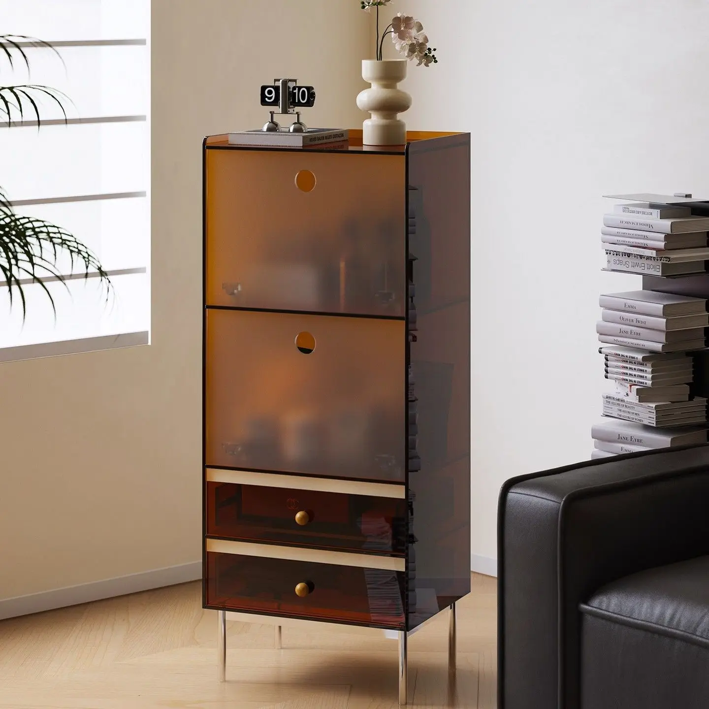 خزانة جانبية لأريكة تلفزيون غرفة المعيشة من الأكريليك، وخزانة تخزين عتيقة، ورف عرض شقة صغيرة على الحائط، وخزانة كتب #3