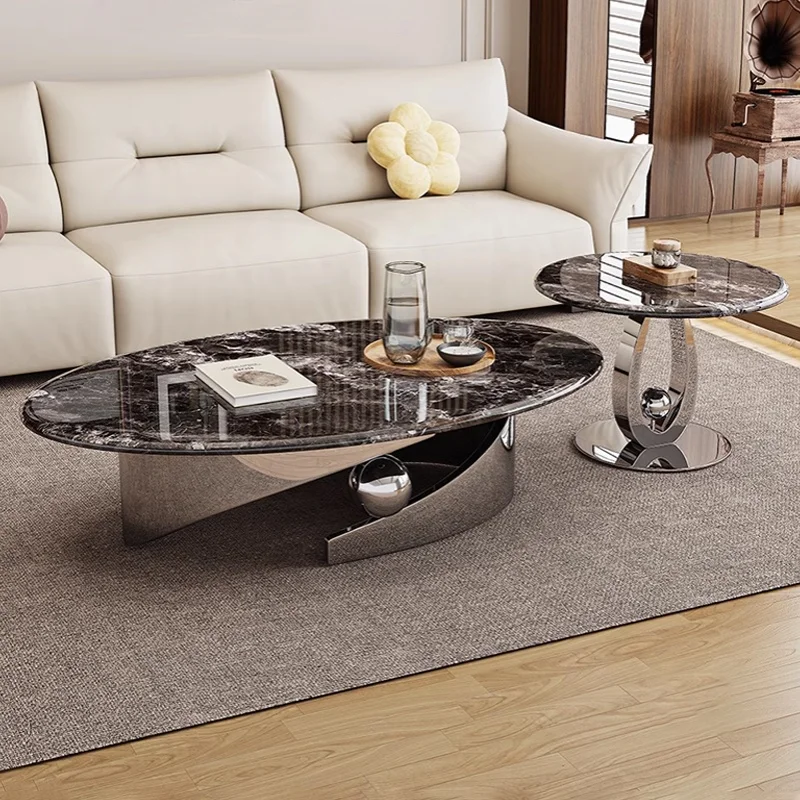 Light Luxury Oval Coffee Table Side Table Set Metal Base Stainless Steel Microcrystalline Stone Top Italian-Style Living Rooms