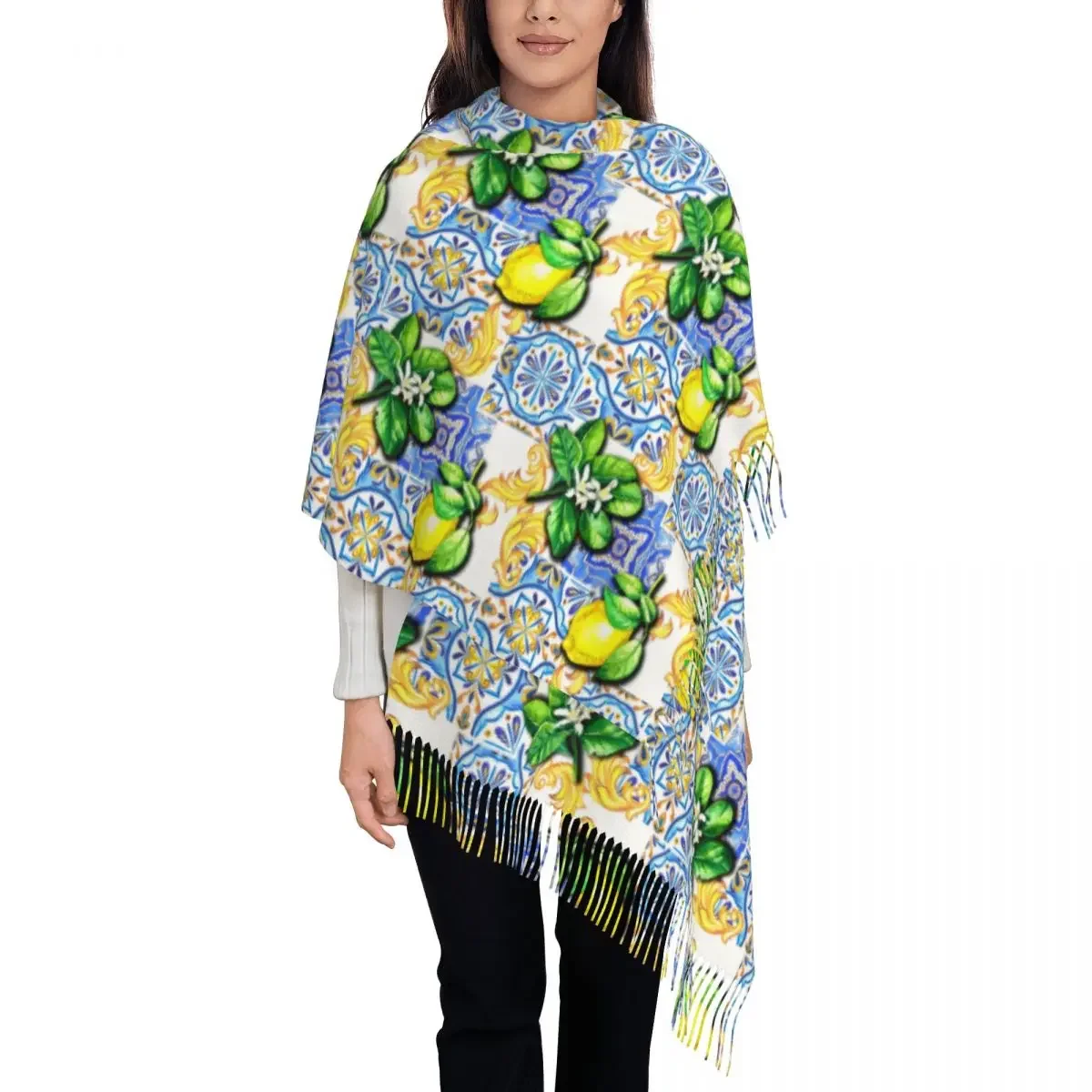 Custom Mediterranean Tiles Summer Fruit Lemons Scarf Wrap Women Long Winter Fall Warm Tassel Shawl Unisex Scarves