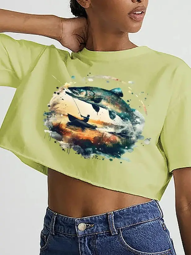 

Trend, Cropped T-Shirt, Y2k Graphic Tee, Women's Oversized T-Shirt, Cute Hand-Painted Fish, Korean Style Art, Summer 2025 Top