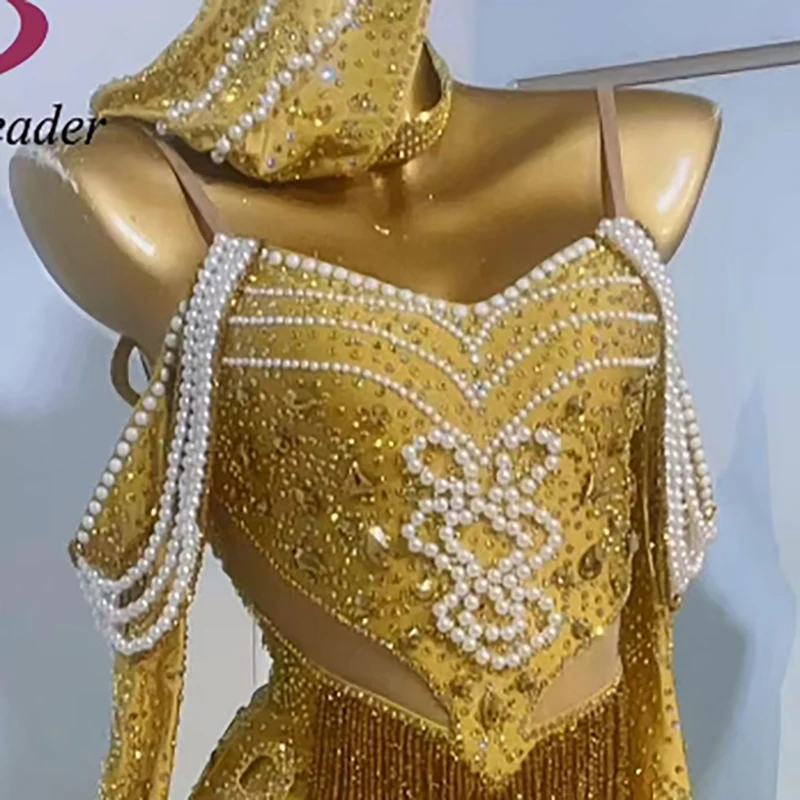 Latin Dance Competition Women's High-end Custom Pearl Gold Diamond Suspenders Cha Cha Samba Performance Rhinestone Dress