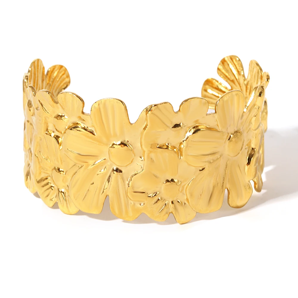 Chunky Punk Gold Color Charm Wide Stainless Steel Wide Bangle Bracelet for Women New Flower Geometric Chain Open Bangles Jewelry