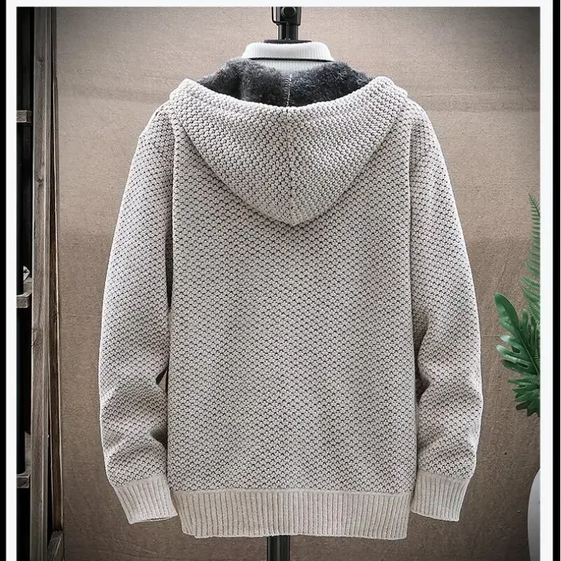 Men Cardigan Winter Hooded Solid Sweater Autumn Winter Fleece Warm Casual Sweatercoat Male Zipper Knitted Cardigans Men Clothing