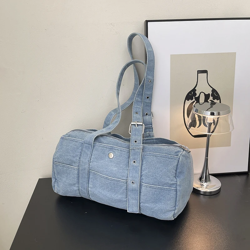 

2026, новые трендовые сумки высокого качества, джинсовые однотонные сумки на молнии, большая вместительная повседневная сумка-тоут, простые прочные универсальные сумки через плечо